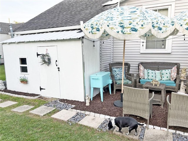 exterior space featuring a shed