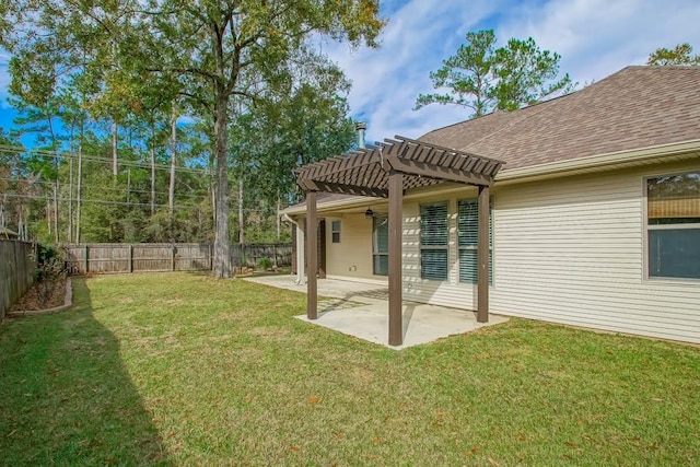 back of house with a lawn, a patio area, and a pergola