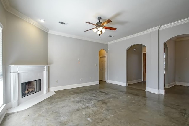 unfurnished living room with crown molding and ceiling fan