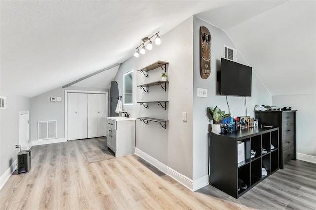 bathroom with wood-type flooring and lofted ceiling