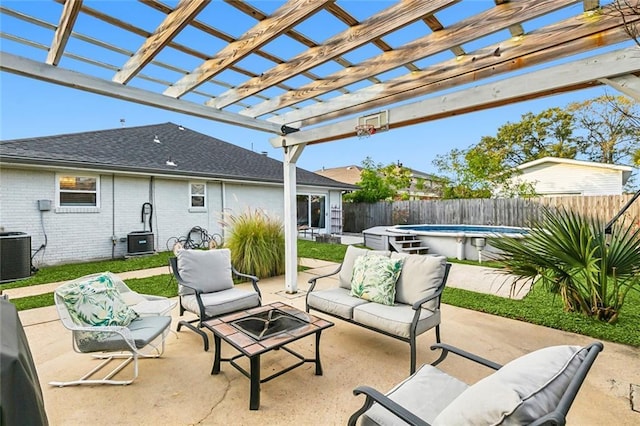 view of patio / terrace featuring an outdoor living space, a fenced in pool, a pergola, and central AC