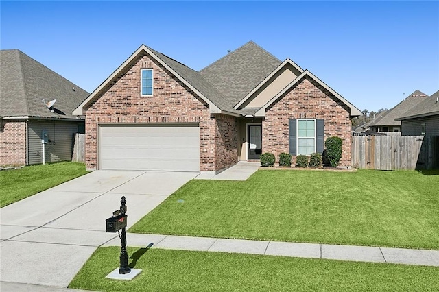 view of front of property featuring a front lawn and a garage