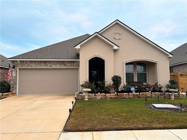 ranch-style house featuring a front yard and a garage