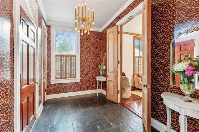 interior space with crown molding and a notable chandelier