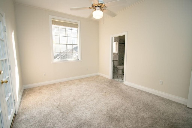 empty room with ceiling fan, carpet, and ornamental molding