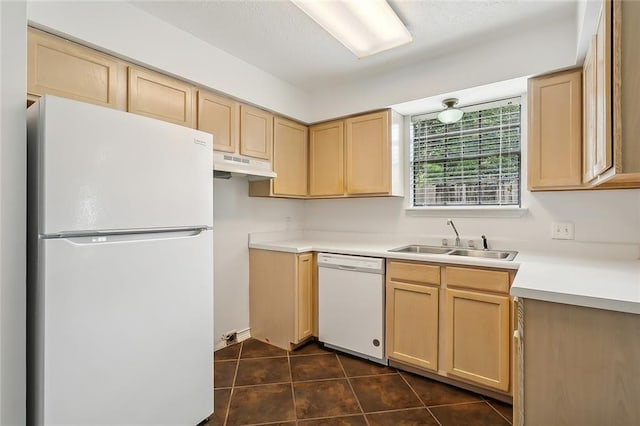 kitchen featuring under cabinet range hood, white appliances, light brown cabinetry, and a sink