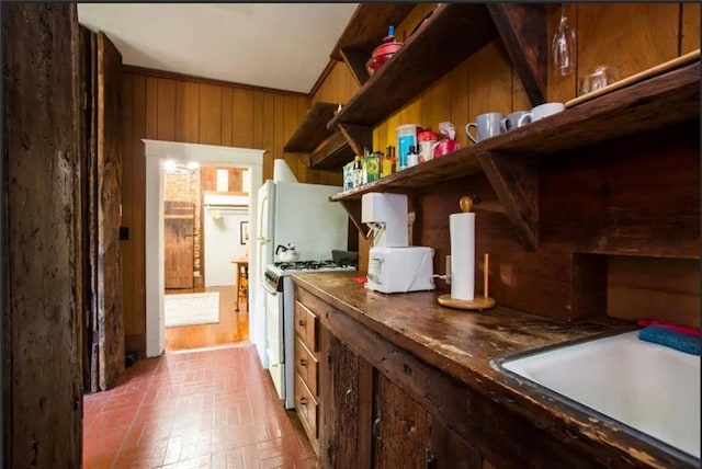 kitchen featuring sink, white gas stove, and wood walls