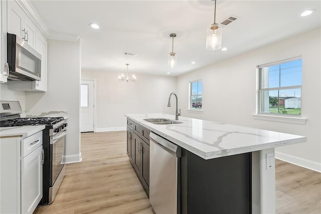 kitchen with a kitchen island with sink, hanging light fixtures, sink, appliances with stainless steel finishes, and white cabinetry