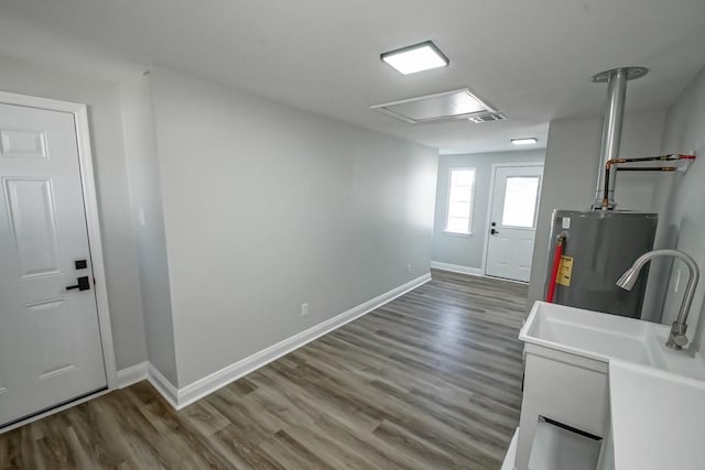 entrance foyer featuring hardwood / wood-style floors, sink, and water heater