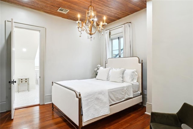 bedroom featuring a notable chandelier, wooden ceiling, and dark wood-type flooring