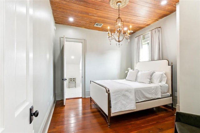 bedroom featuring dark hardwood / wood-style flooring, an inviting chandelier, and wooden ceiling