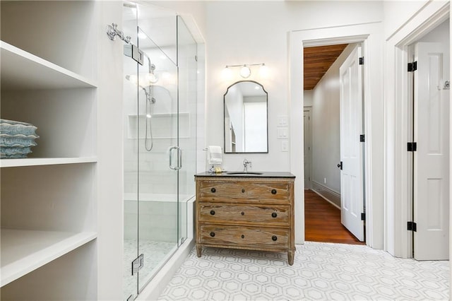 bathroom with vanity and an enclosed shower