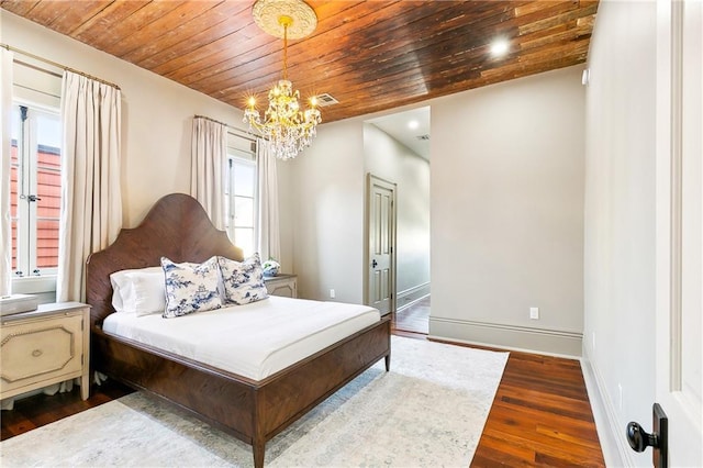 bedroom with wood ceiling, wood-type flooring, and an inviting chandelier