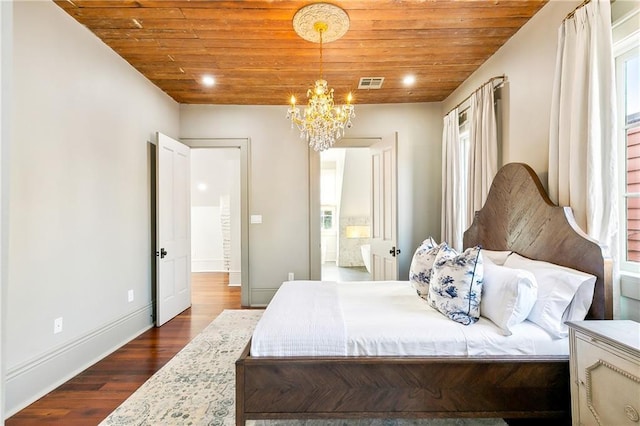 bedroom with a notable chandelier, dark hardwood / wood-style flooring, and wooden ceiling