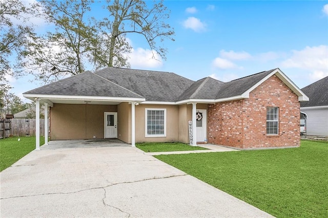 single story home featuring a front yard and a carport