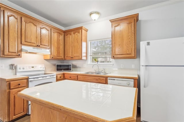 kitchen with crown molding, sink, and white appliances