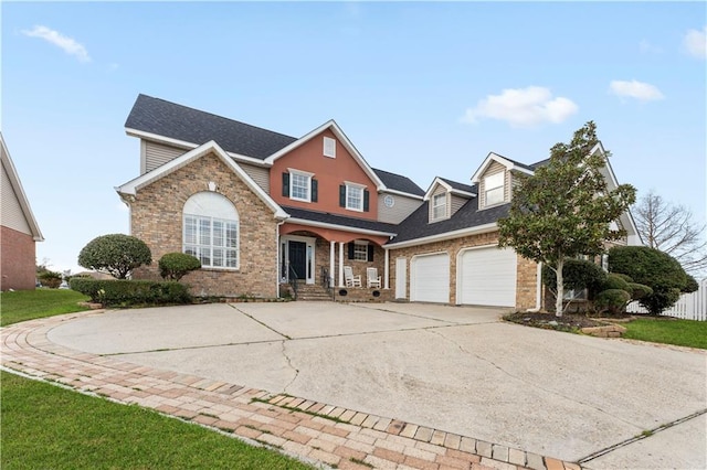 view of property with a porch and a garage