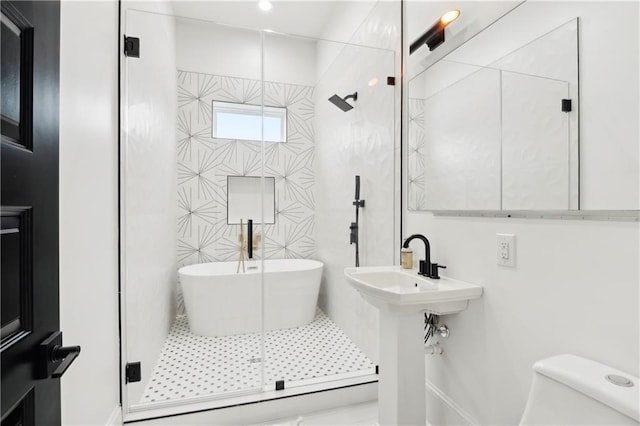 bathroom with separate shower and tub, tile walls, and toilet