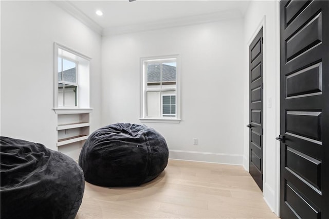living area featuring a wealth of natural light, light hardwood / wood-style floors, and ornamental molding