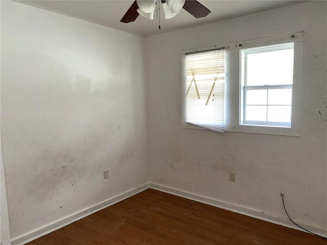 unfurnished room featuring ceiling fan and dark wood-type flooring