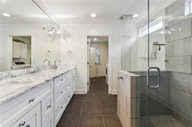 bathroom with tile patterned flooring, vanity, a shower with shower door, and ornamental molding