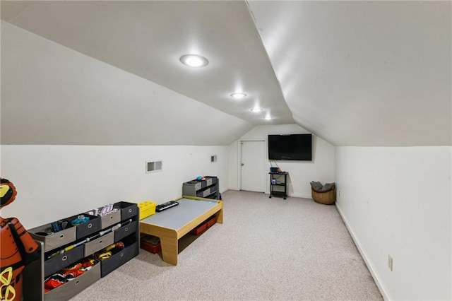 game room featuring lofted ceiling and carpet floors