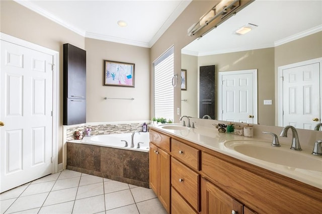 bathroom featuring tiled bath, tile patterned flooring, vanity, and ornamental molding