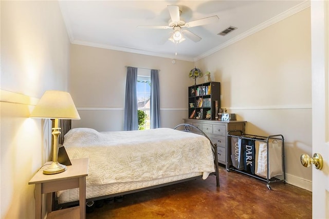 bedroom with ceiling fan and ornamental molding