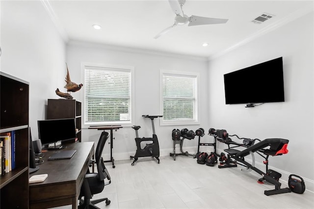 home office featuring ceiling fan and crown molding