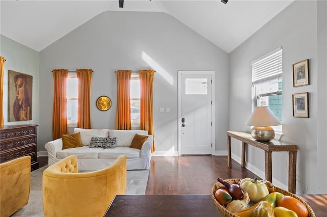 living room featuring hardwood / wood-style floors, vaulted ceiling, and plenty of natural light