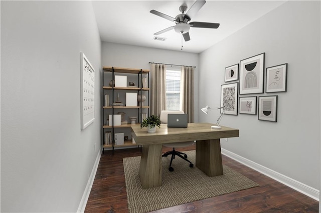 office featuring ceiling fan and dark wood-type flooring