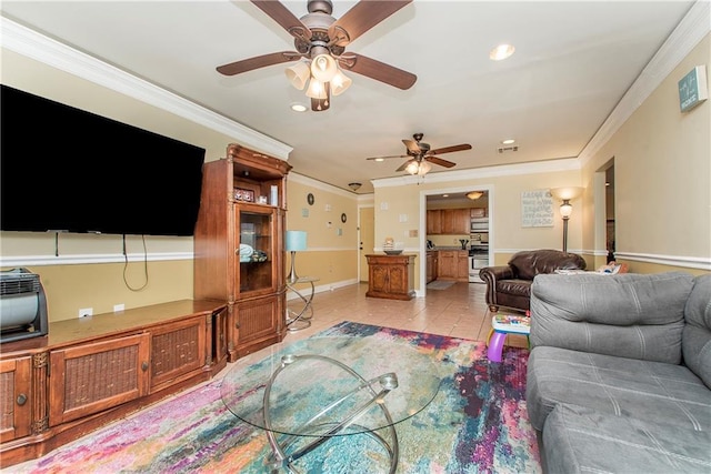 tiled living room featuring crown molding