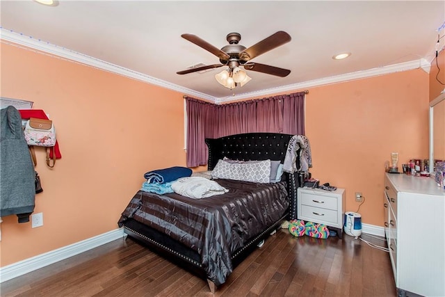 bedroom with ceiling fan, dark hardwood / wood-style floors, and crown molding