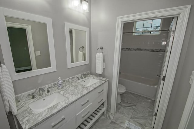 full bathroom with shower / bathtub combination, vanity, and toilet