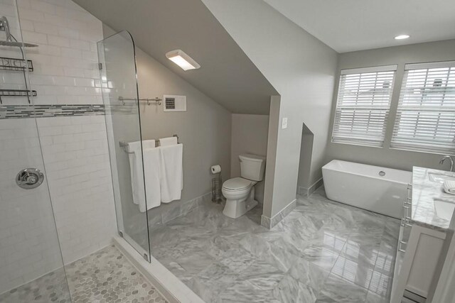 full bathroom with lofted ceiling, independent shower and bath, vanity, and toilet