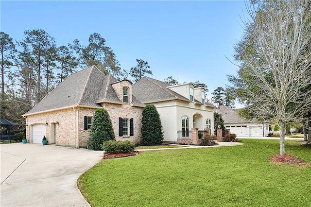 french country inspired facade with a front yard and a garage