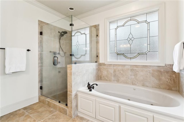 bathroom featuring crown molding and plus walk in shower