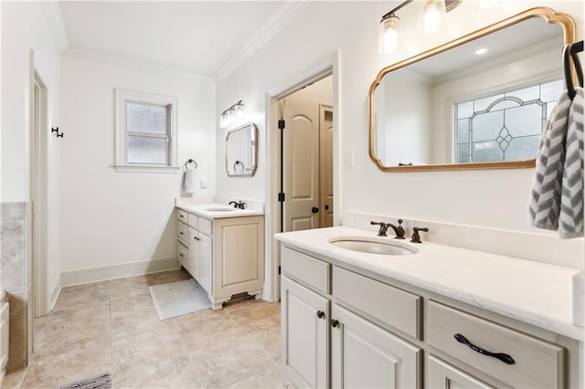 bathroom with crown molding and vanity