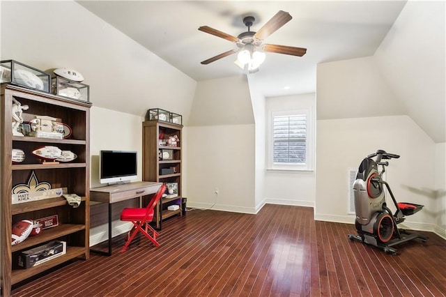 office area featuring ceiling fan, lofted ceiling, and dark wood-type flooring