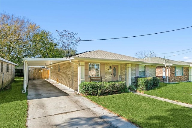 view of front of house featuring a carport, a porch, and a front yard