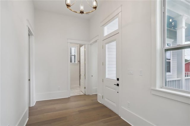 foyer entrance featuring dark wood-type flooring and a chandelier