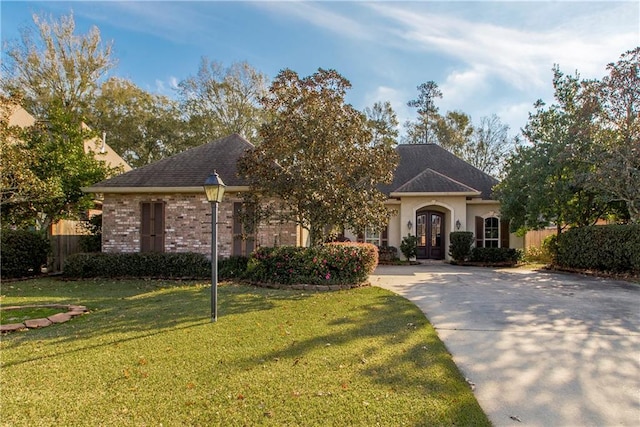 view of front of house with a front yard and french doors