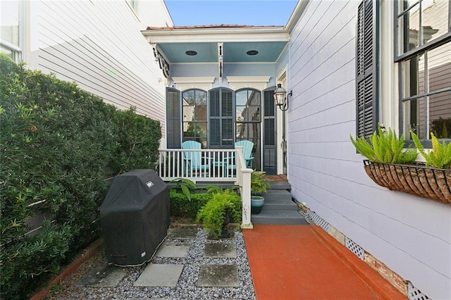 view of patio with a porch and area for grilling