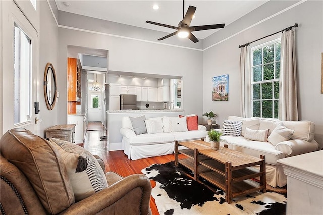 living room featuring ceiling fan and wood-type flooring