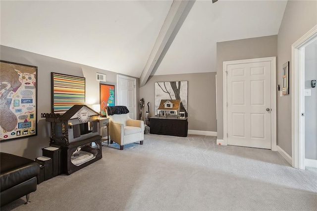 living area with light carpet and lofted ceiling with beams