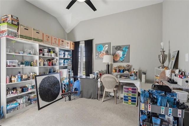 office featuring lofted ceiling, ceiling fan, and carpet floors