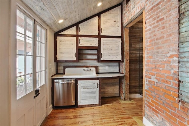 bar featuring dishwasher, wooden ceiling, light hardwood / wood-style flooring, brick wall, and vaulted ceiling