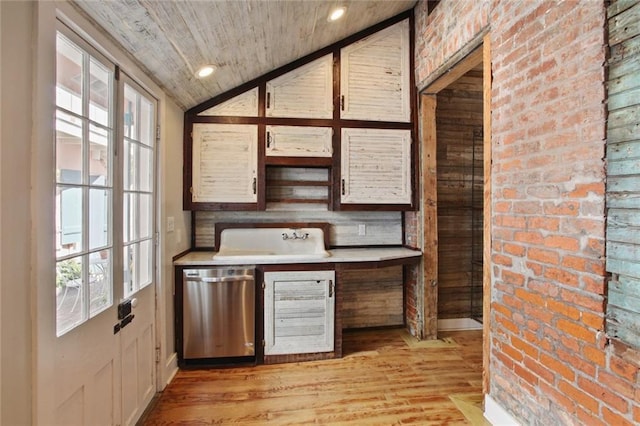 941-943 Toulouse St, New Orleans, LA 70112 - bar area with stainless steel dishwasher, plenty of natural light, wood ceiling, vaulted ceiling, and light wood finished floors
