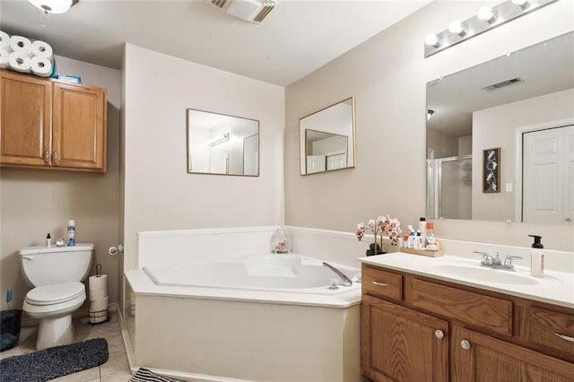 full bathroom featuring plus walk in shower, tile patterned flooring, vanity, and toilet