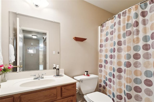 bathroom featuring vanity, toilet, and walk in shower